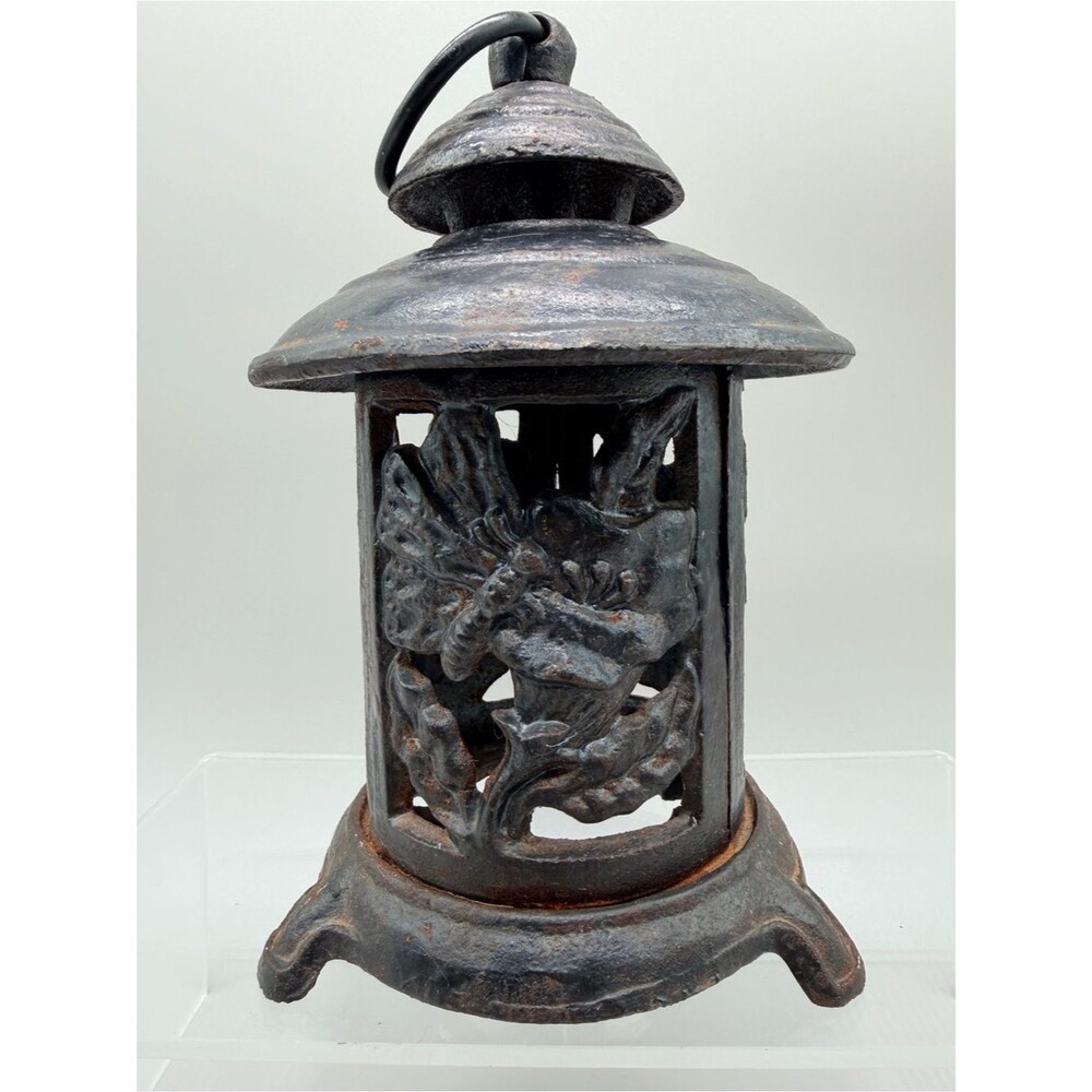 Vintage Japanese Cast Iron Pagoda Lantern Butterfly Whimsigoth MCM Garden 6.5"